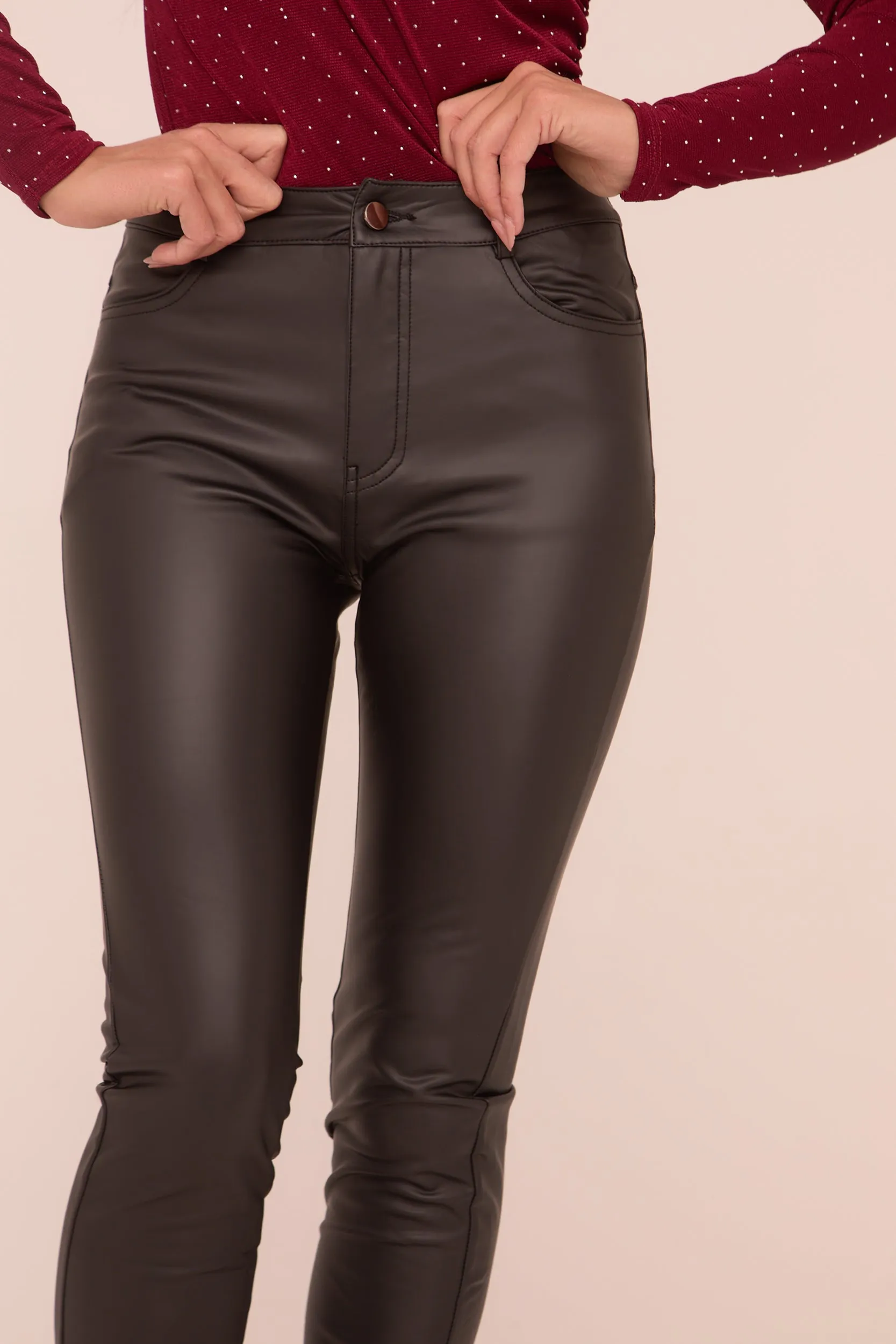 Black Faux Leather High Waist Slim Leg Trousers - Peehu