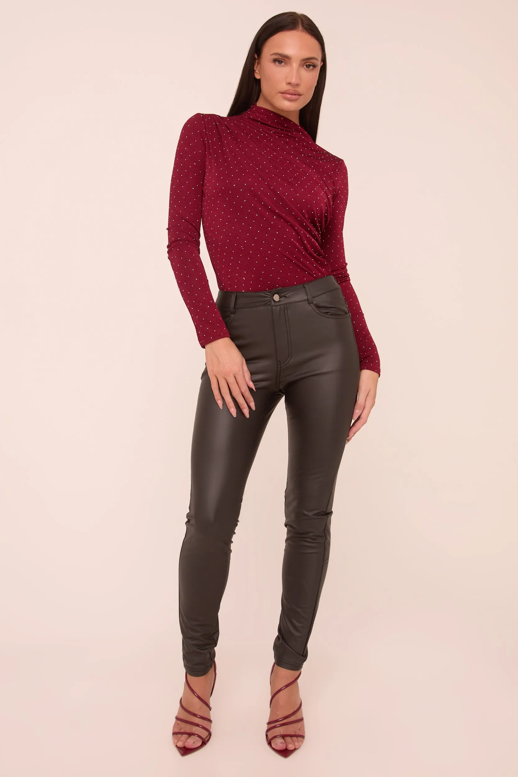 Black Faux Leather High Waist Slim Leg Trousers - Peehu