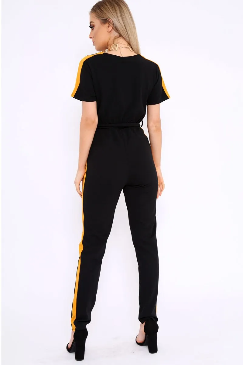 Black Plunge Front Contrast Side Stripe Jumpsuit - Jayah