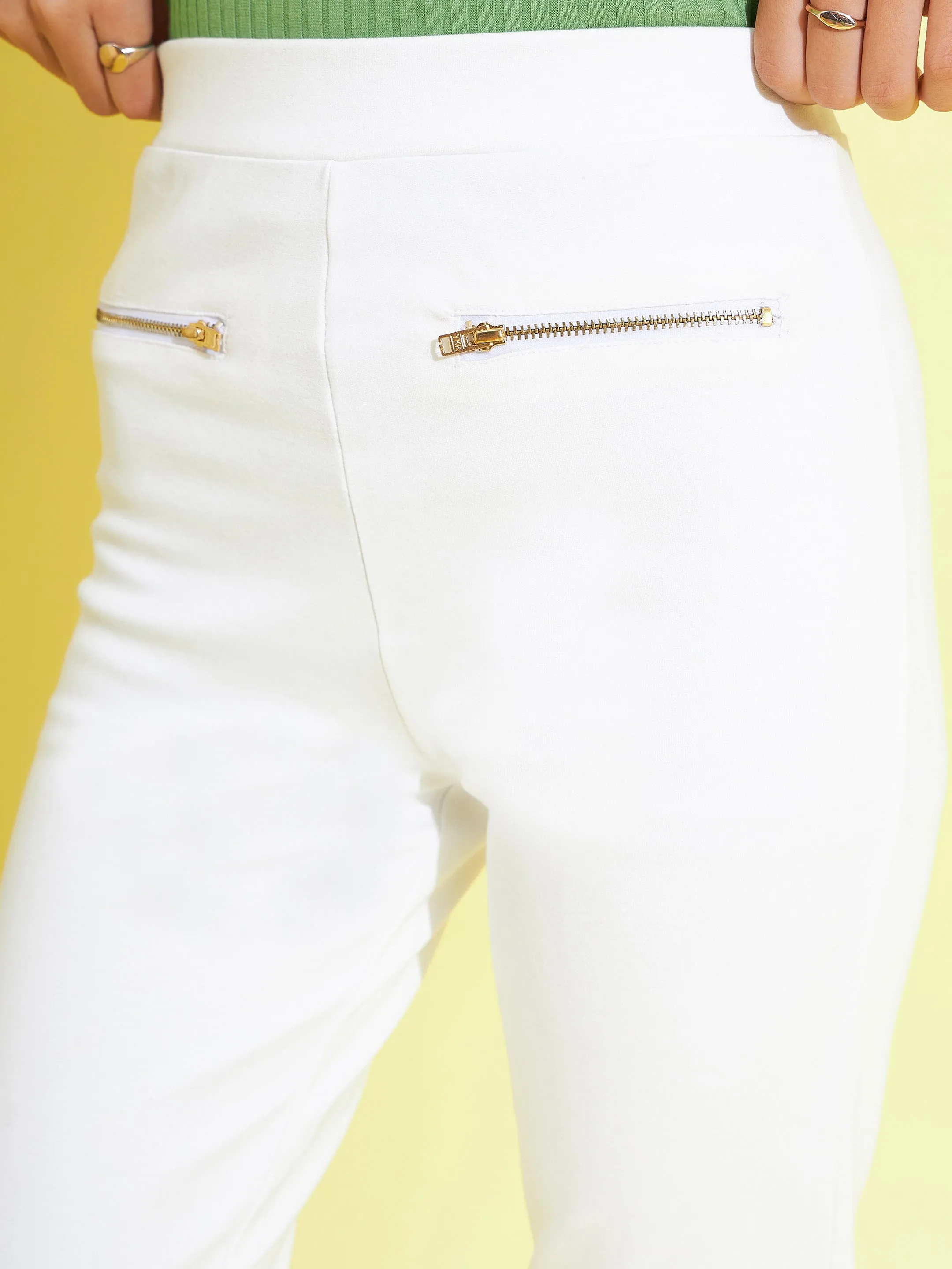 Girls White Metal Zipper Jeggings