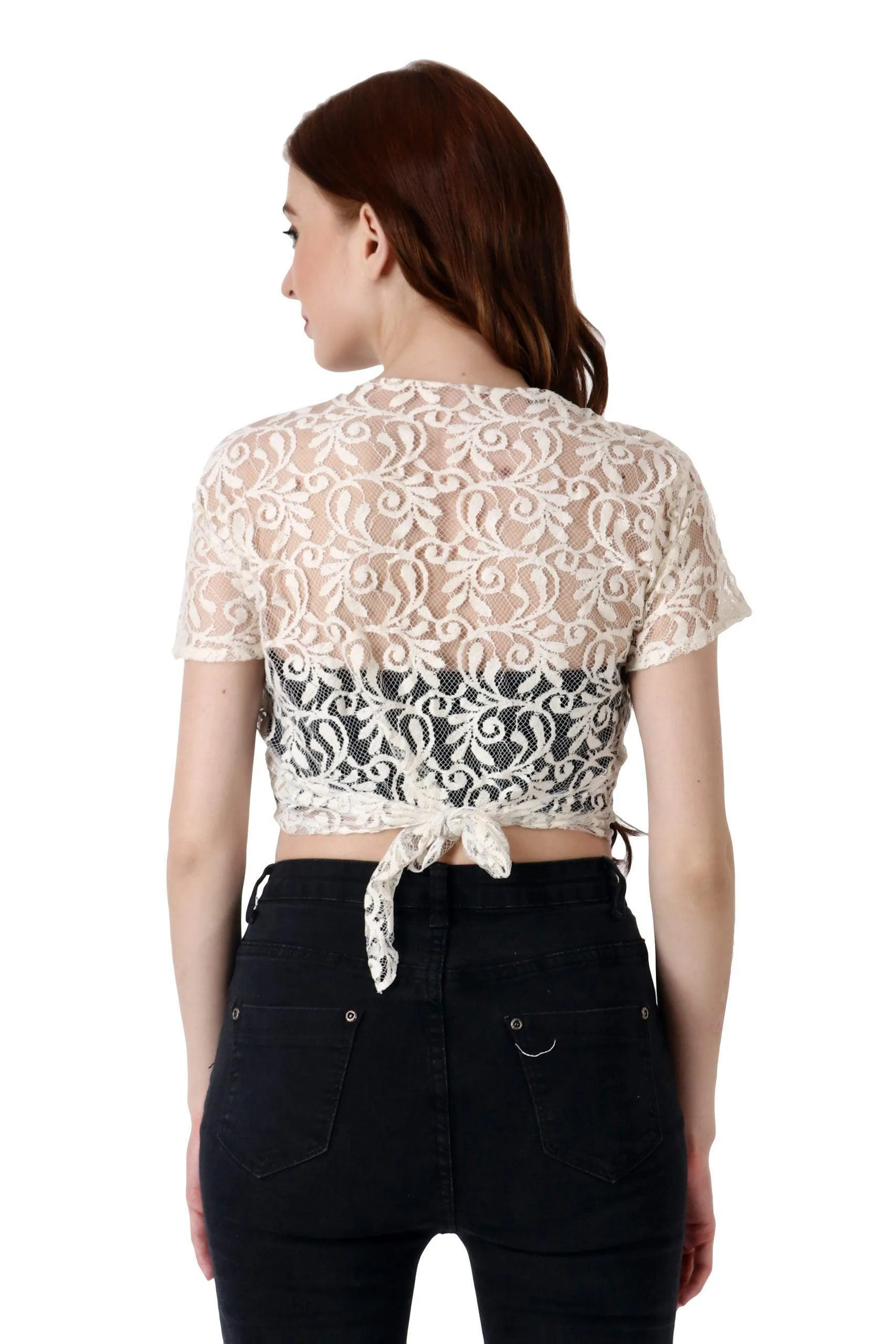 Lace Self Design Sheer Shrug with Short Sleeves