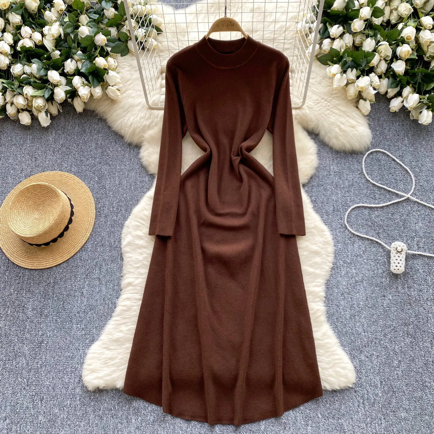 Pre Order: Woolen Waist Cinching Long Sleeved Knitted Dress