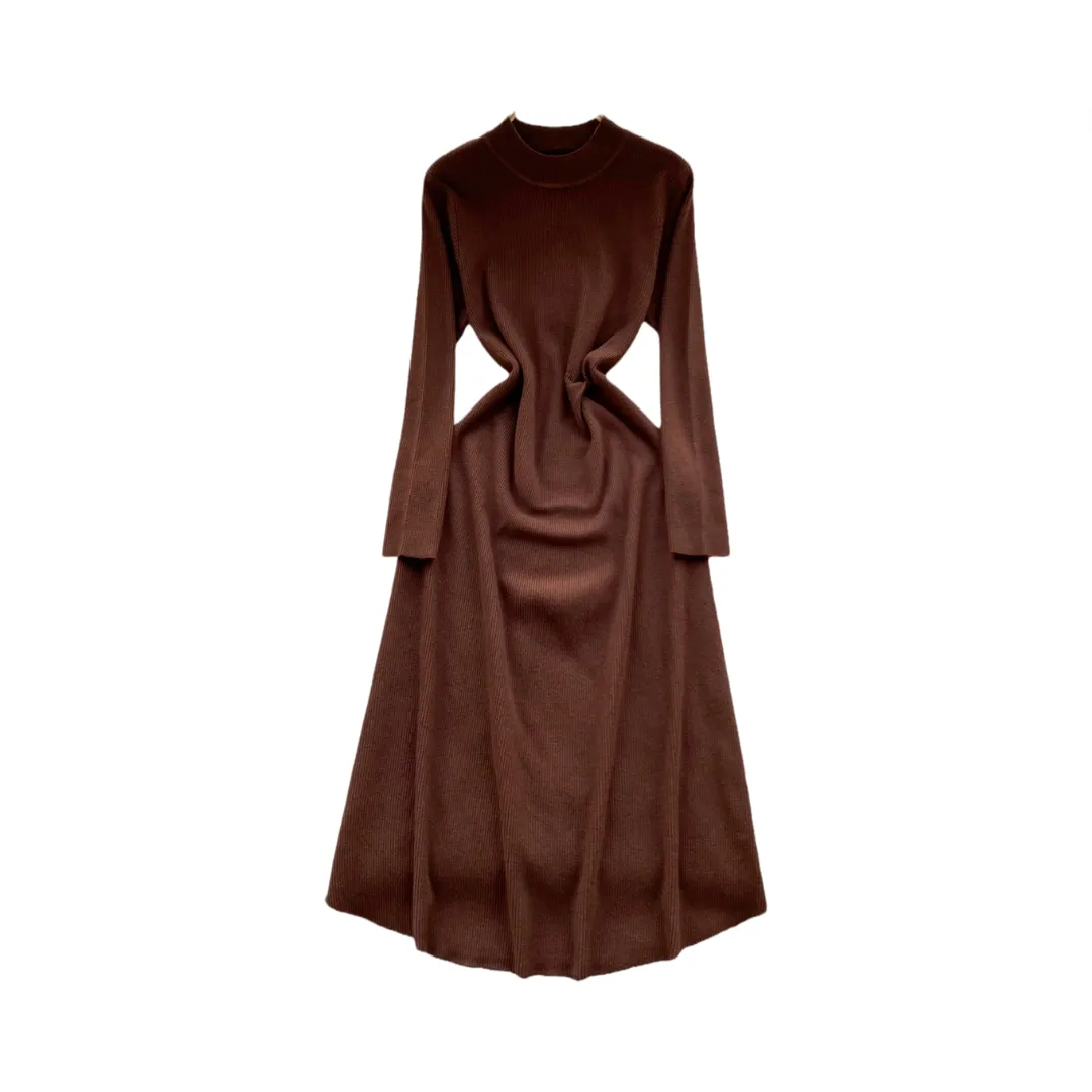 Pre Order: Woolen Waist Cinching Long Sleeved Knitted Dress