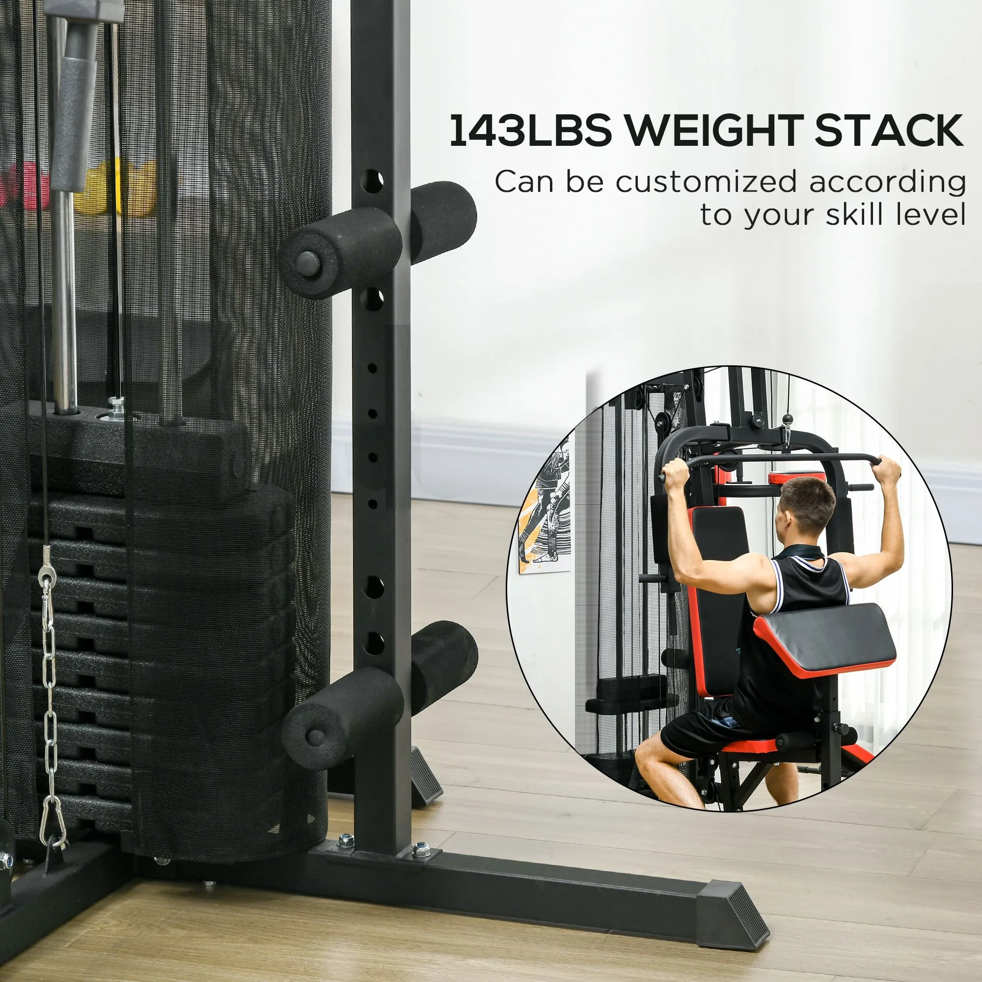 SPORTNOW Multi Gym Workout Station, Weight Machine with 65kg Weight Stack, Sit up Bench, Push up Stand, Dip Station