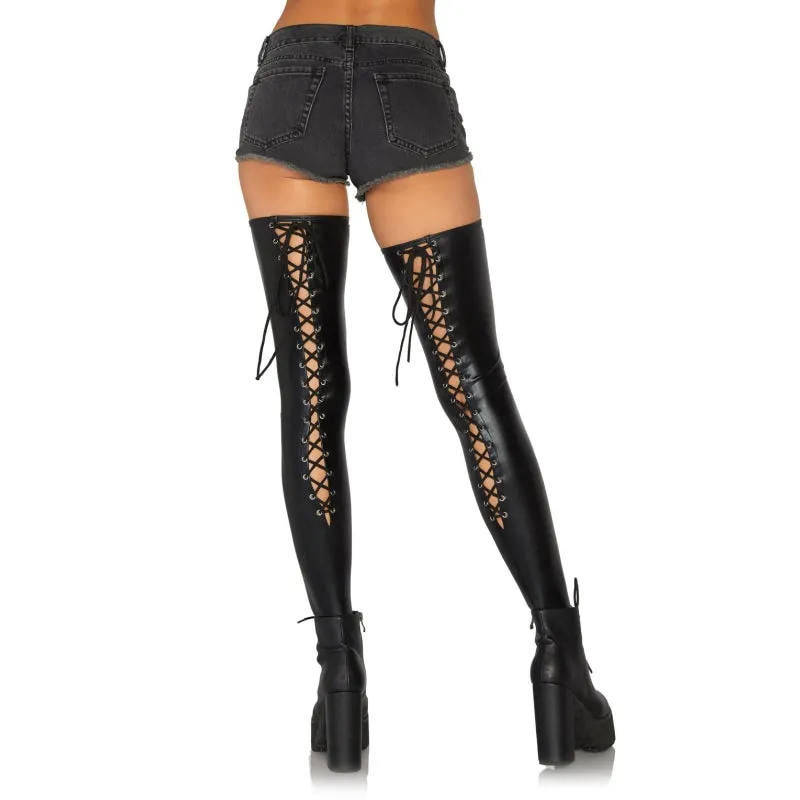 Wet Look Lace Up Thigh Hi - Black - S/m