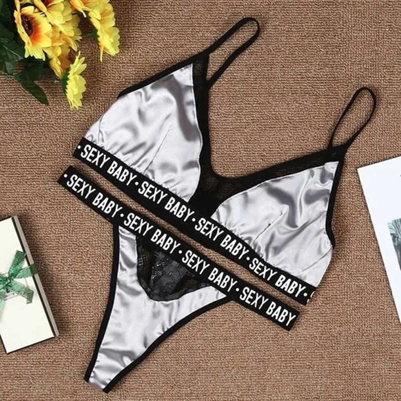 Women Sexy Lingerie Vest Crop Bra Briefs Set Letter Print Lace Patchwork Costumes Female Underwear