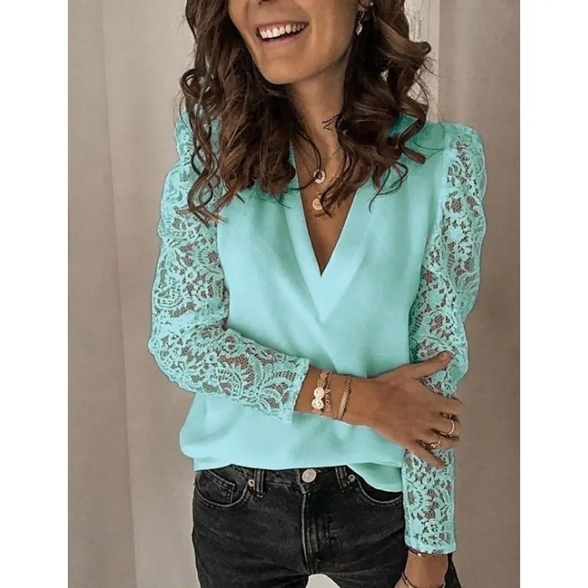 Women's Long Sleeve Lace Patchwork V Neck Top